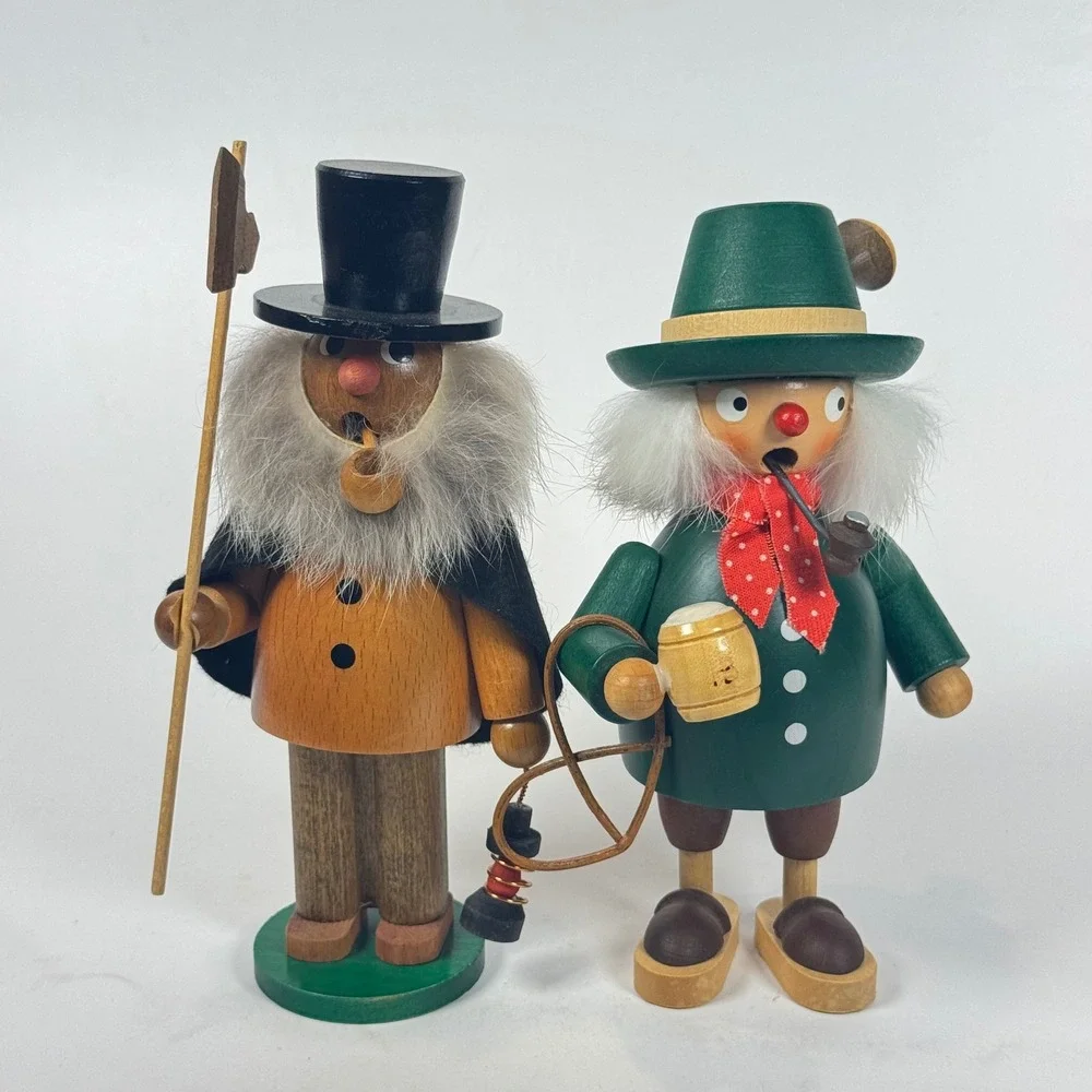 Vintage German Erzgebirge Wooden Incense Smoker Pair Night Watchman & Hunter